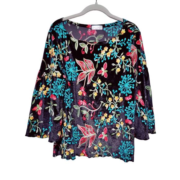 Vine Street Sz L Black Velvet All Over Embroidered Shirt Lettuce Hem Fairy - Picture 1 of 7